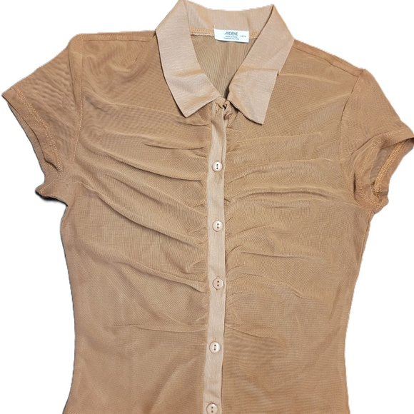 ardene tan mesh collared cap sleeve button up blouse - Picture 3 of 5